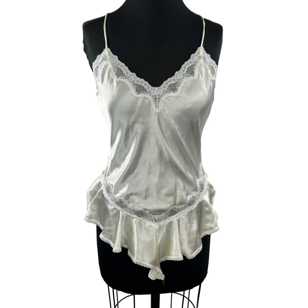 VTG Woolite Sheri Gregory White Silky Satin Lace Teddy Ruff Bodysuit Lingerie S